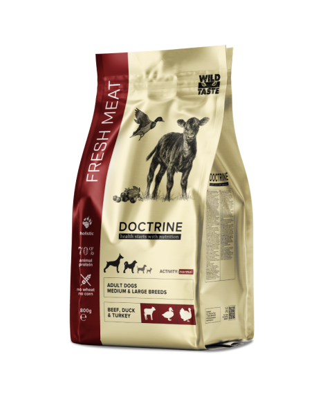 DOCTRINE сухой корм для взрослых собак средних и крупных пород с индейкой, говядиной и уткой со свежим мясом DOCTRINE FRESH MEAT 800г